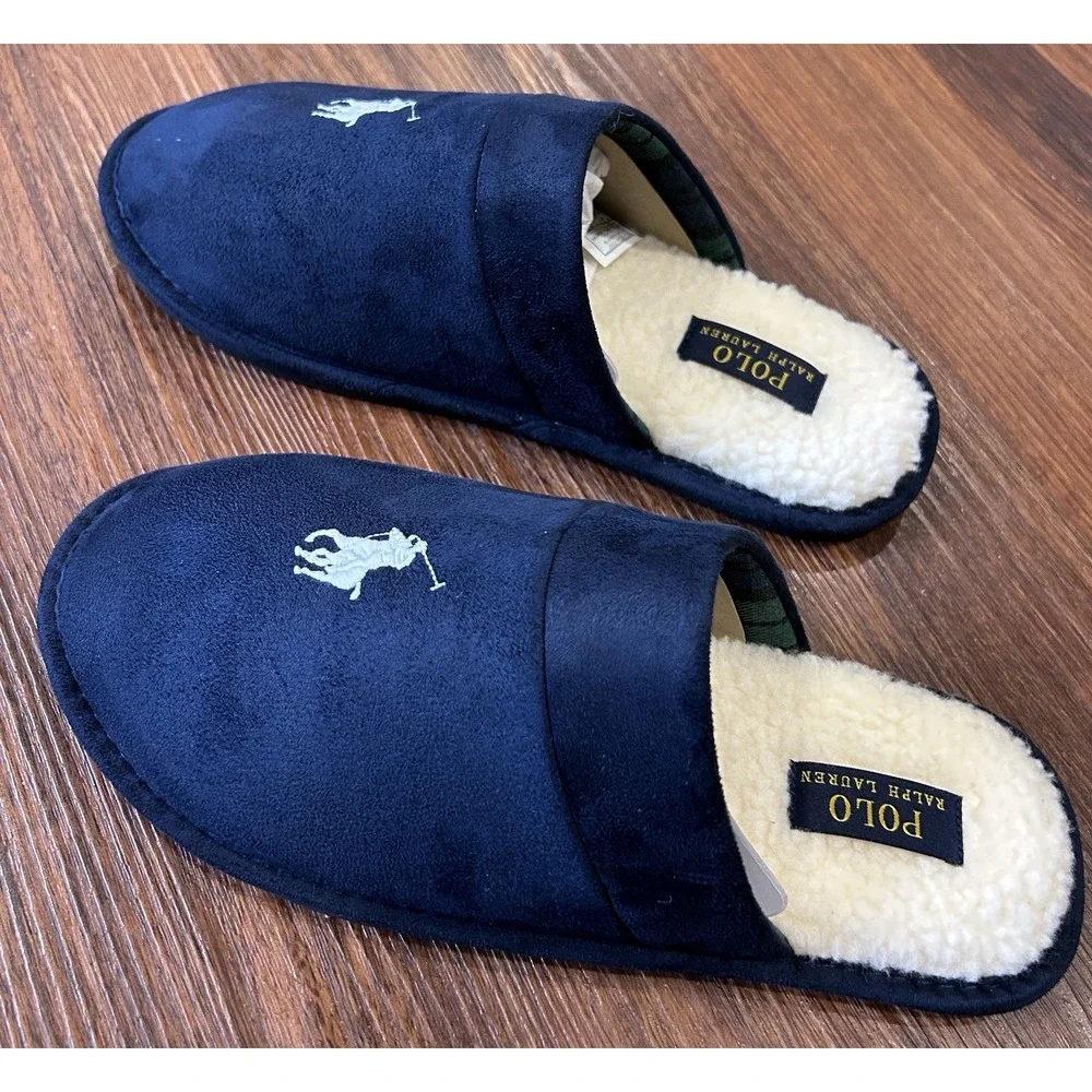 Polo Ralph Lauren Men's Klarence Scuff Slippers Navy, White Pony Sz 8 New In Box
